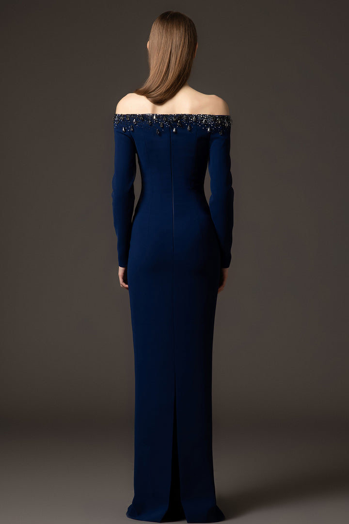 Crepe Off-The-Shoulder Column Dress