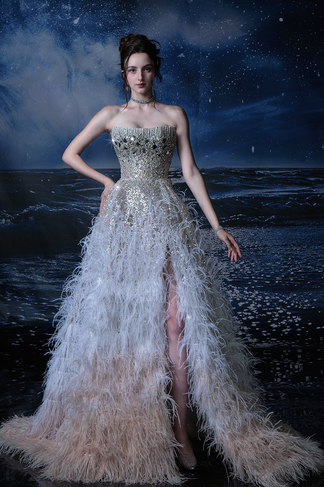 A-Line Dress with Crystal Embellishments Blue / FR 48 A-Line Dress with Crystal Embellishments Blue / FR 48
