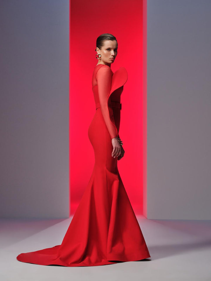 Crepe Long Dress Illusion Neckline And Mermaid