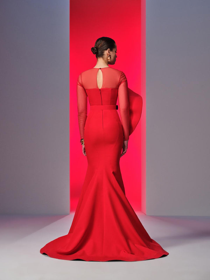 Crepe Long Dress Illusion Neckline And Mermaid