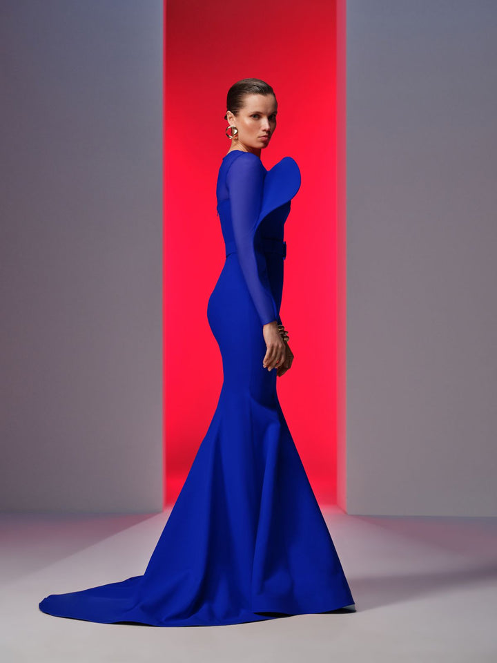 Crepe Long Dress Illusion Neckline And Mermaid