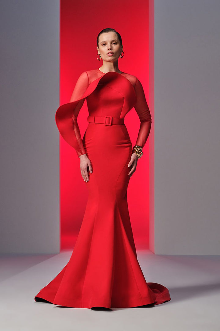 Crepe Long Dress Illusion Neckline And Mermaid