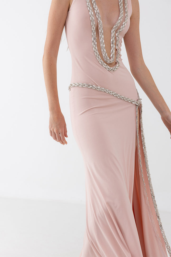 Long Dress with Crystal Trim and Slit