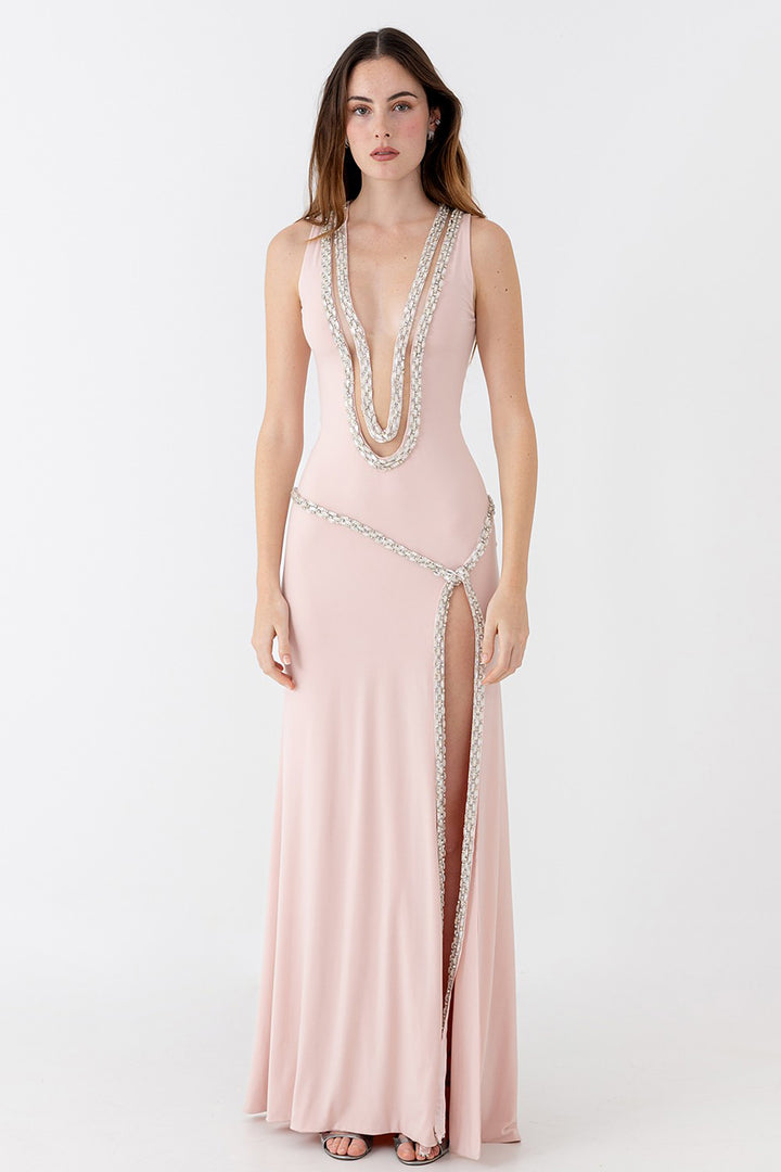 Long Dress with Crystal Trim and Slit