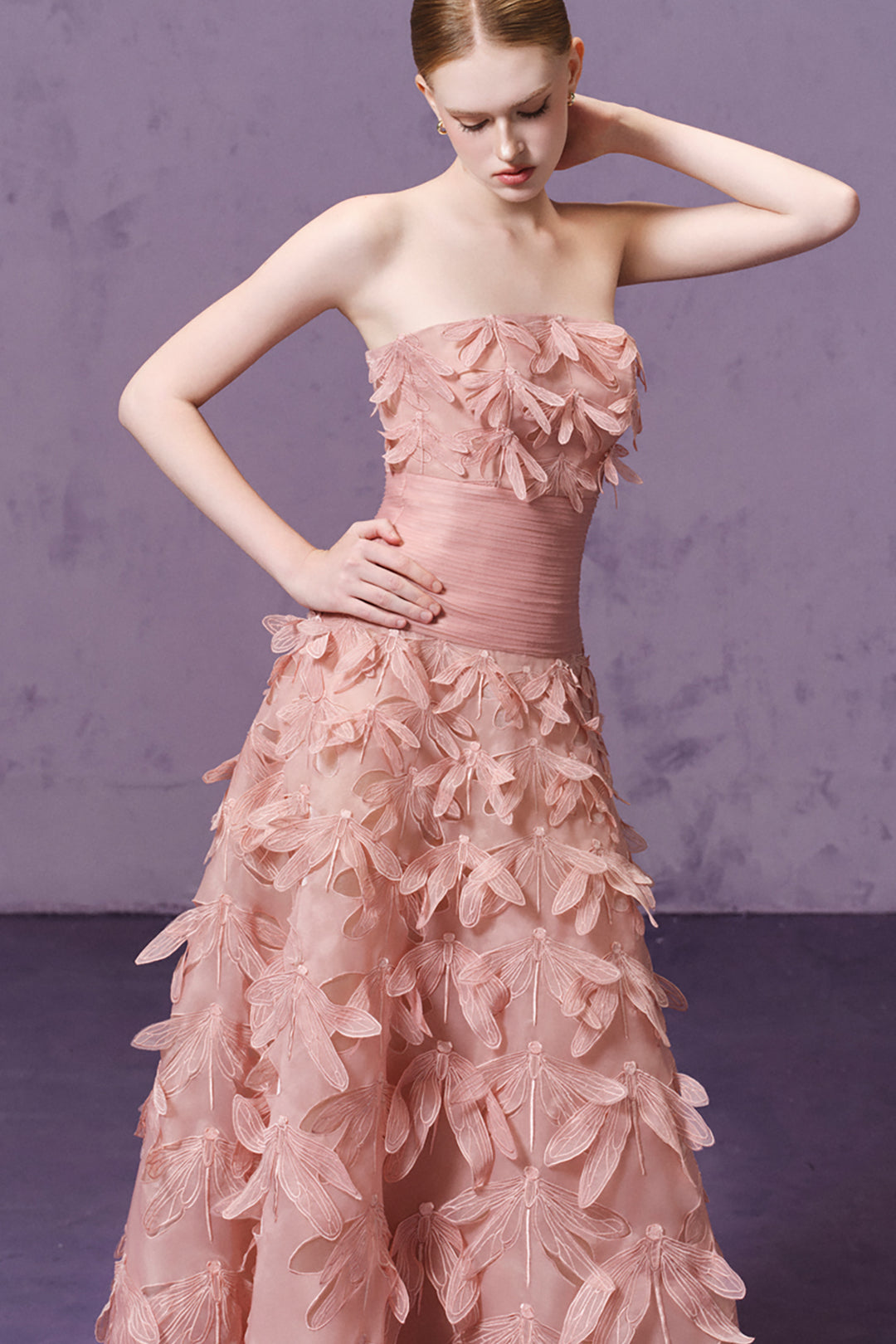 Strapless Dragonfly Embroidered Organza Dress