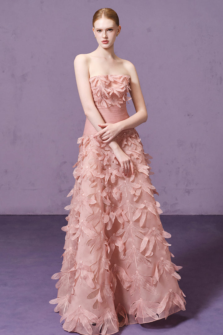 Strapless Dragonfly Embroidered Organza Dress