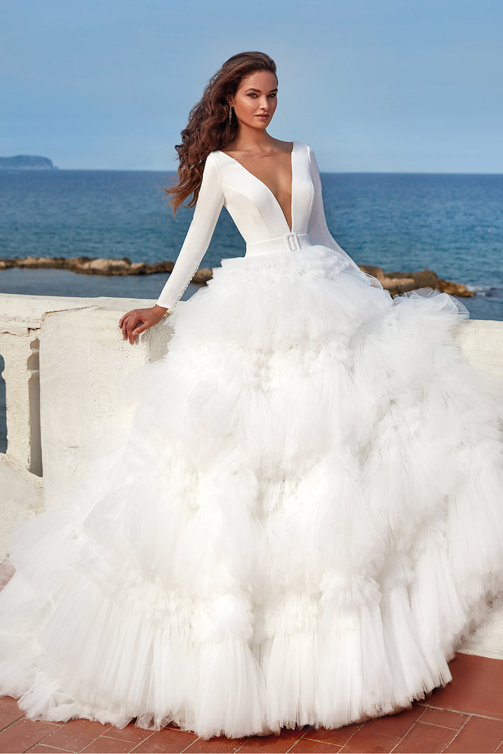Crepe and Tulle Long-Sleeved Wedding Dress