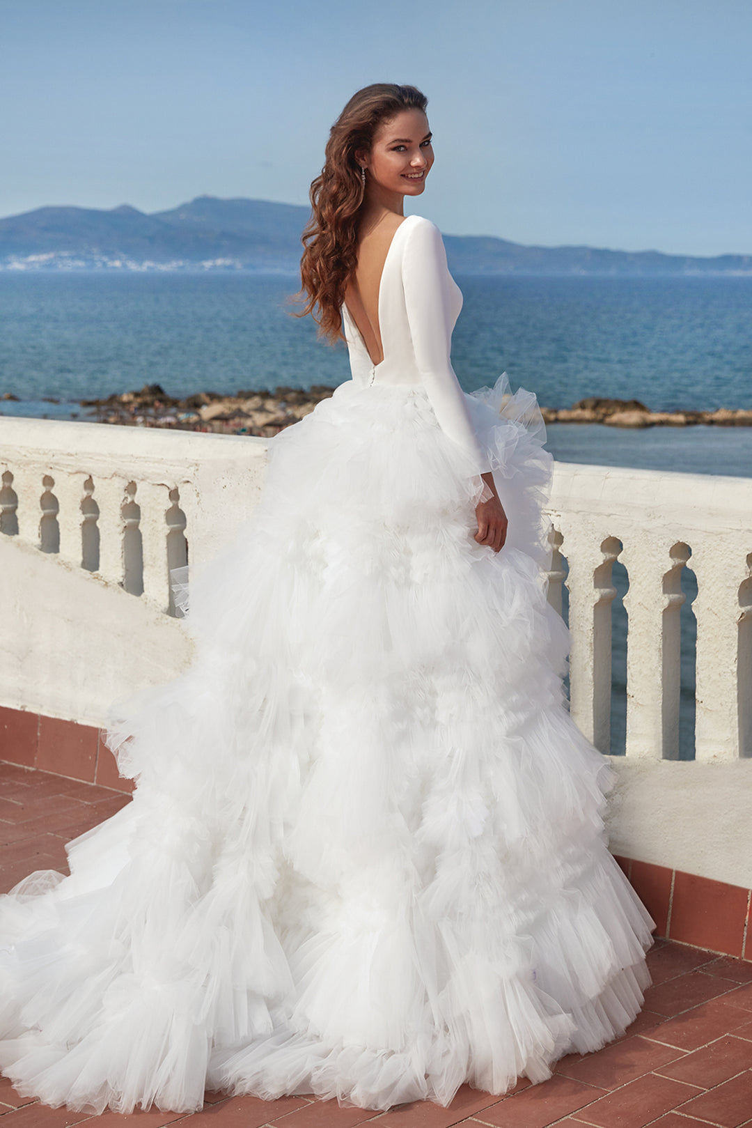 Crepe and Tulle Long-Sleeved Wedding Dress