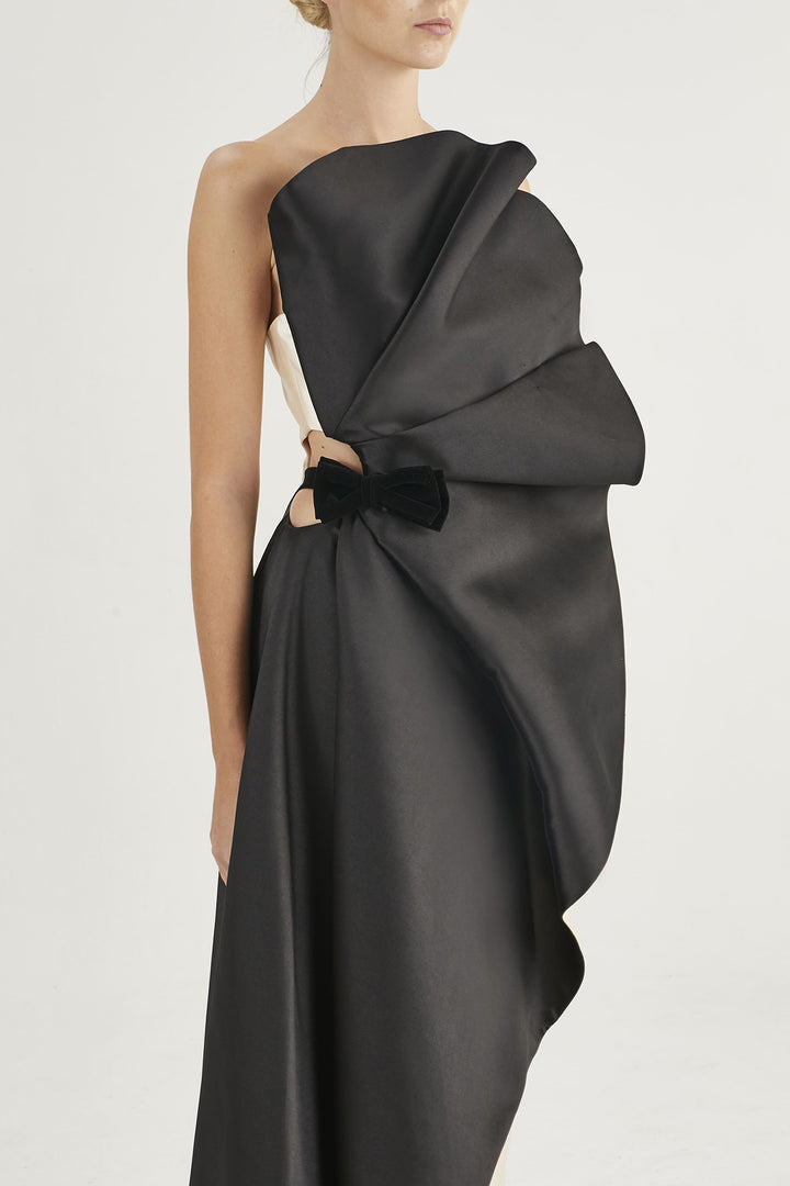 Tuxedo-Bow Belt Strapless Dress