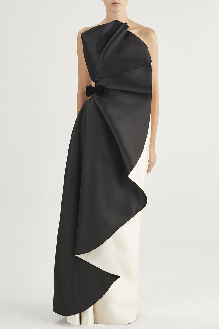 Tuxedo-Bow Belt Strapless Dress