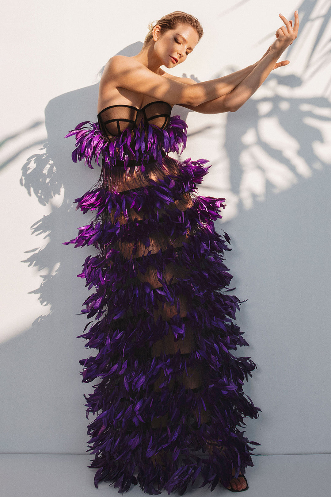 Strapless Tulle Dress with Ruffled Feathers