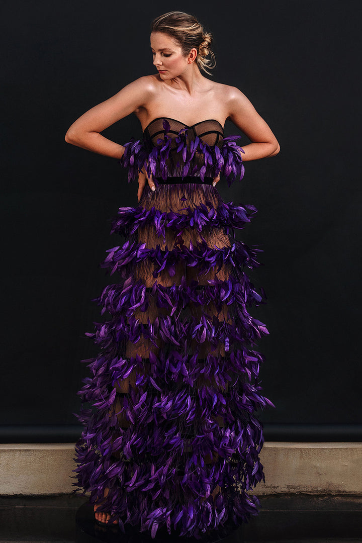 Strapless Tulle Dress with Ruffled Feathers
