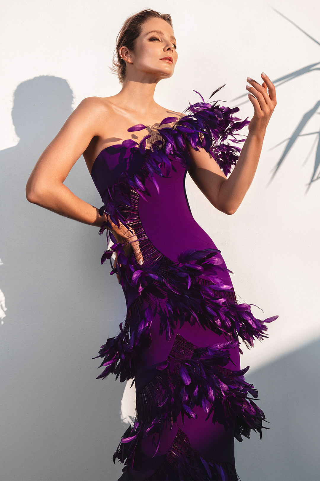 One-Shoulder Silk Crepe Midi Dress with Feathers