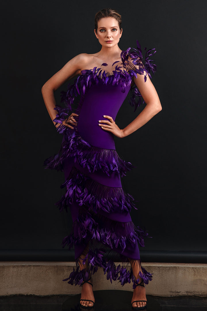One-Shoulder Silk Crepe Midi Dress with Feathers