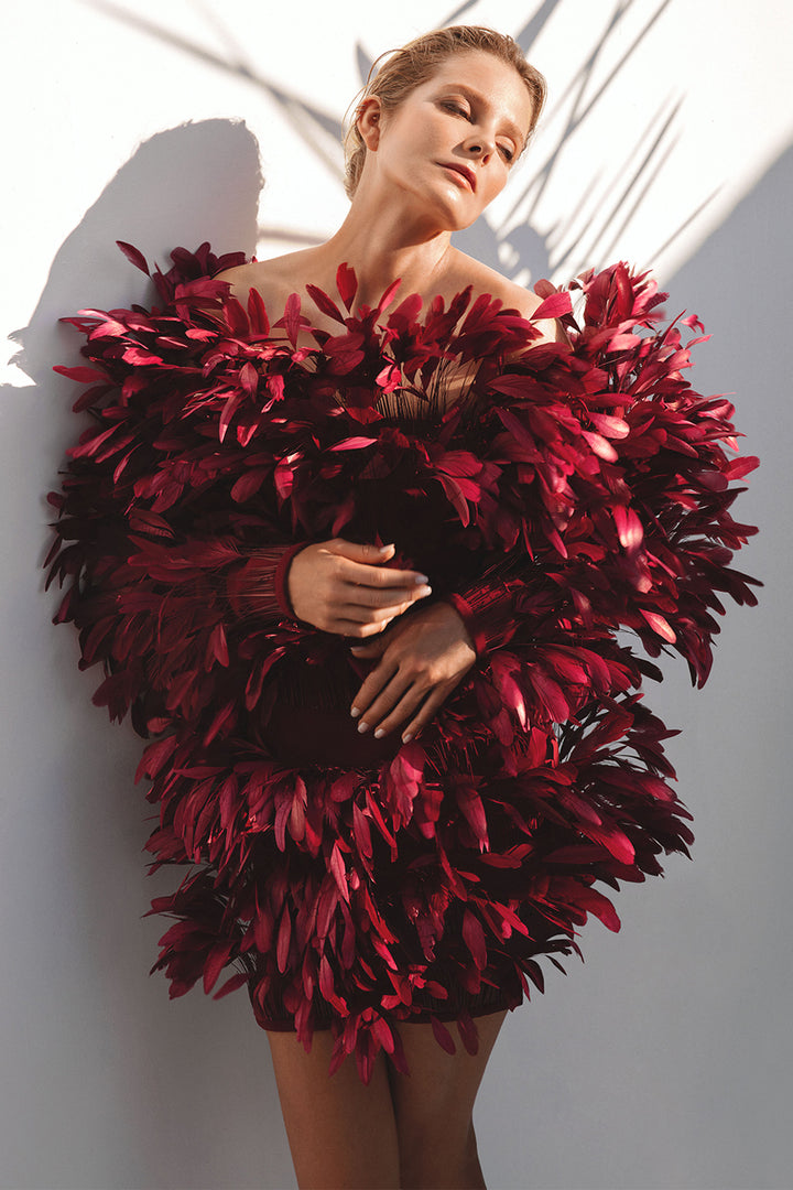 Off-The-Shoulder Mini Dress with Feathers