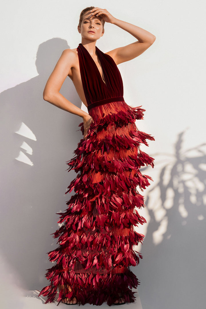 Halter Neck Dress with Feathered Skirt