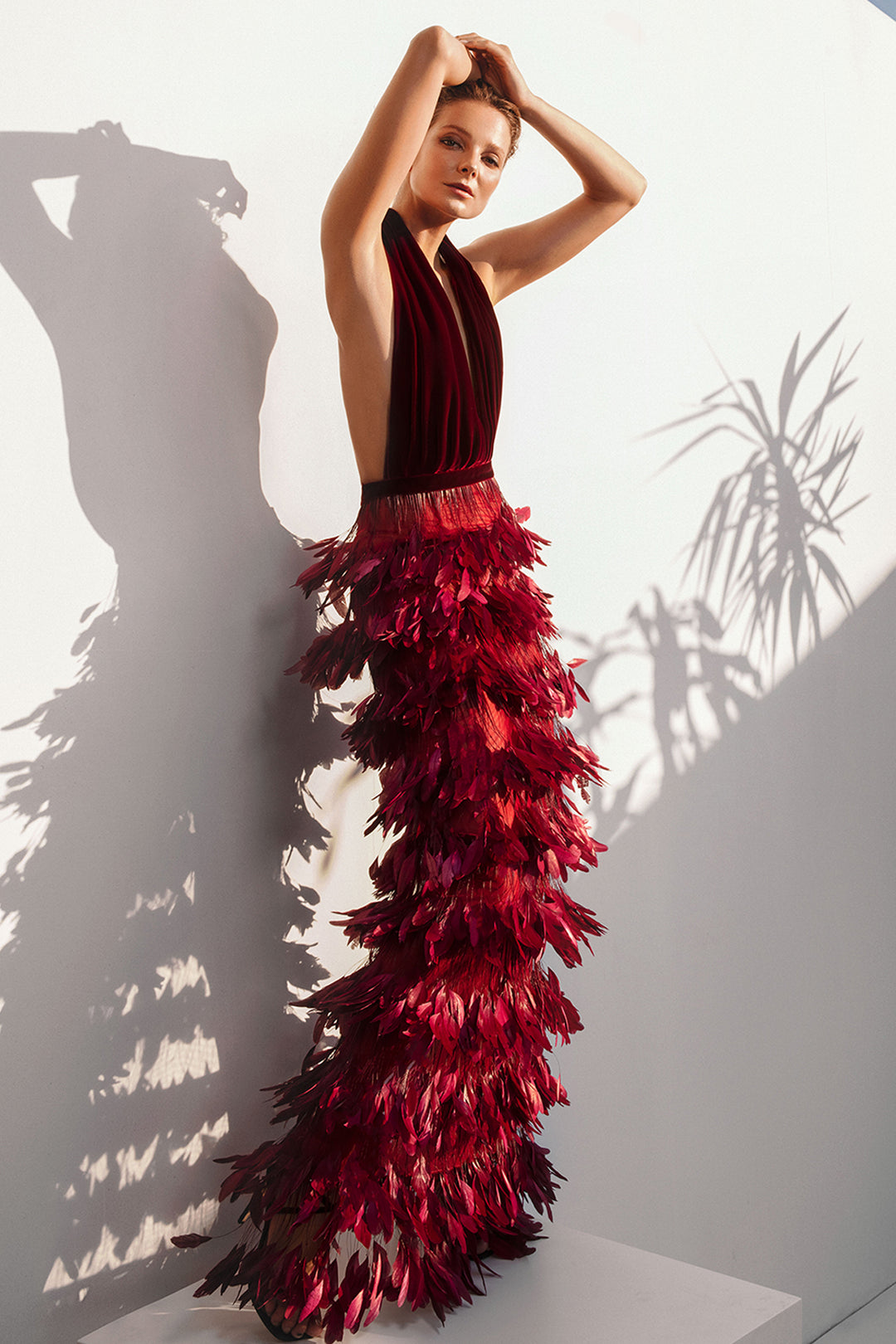 Halter Neck Dress with Feathered Skirt