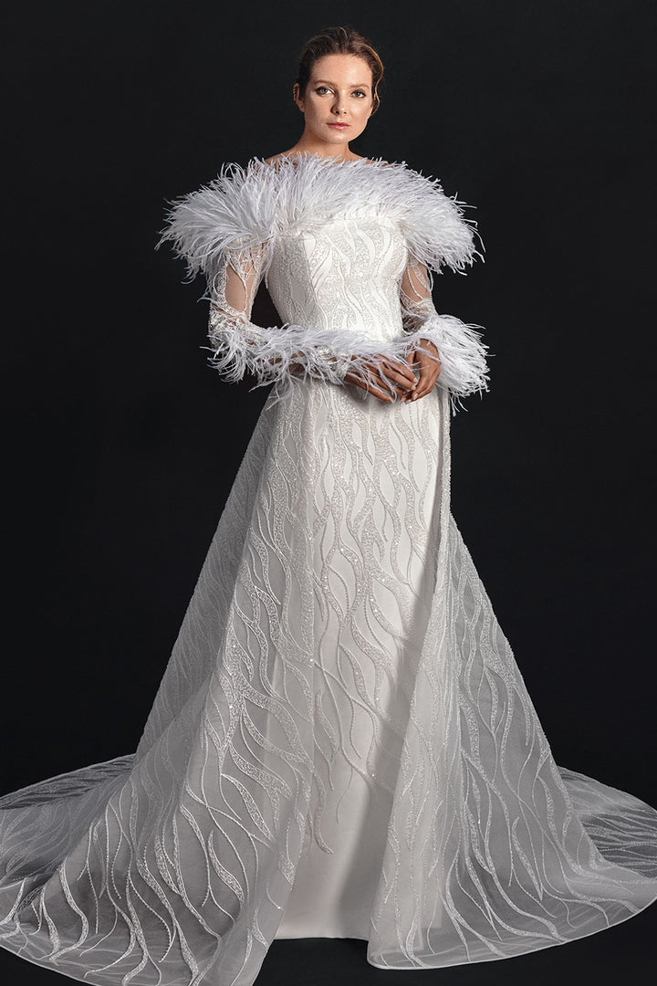 Off-The-Shoulder Neckline with Tulle and Bridal Long Dress