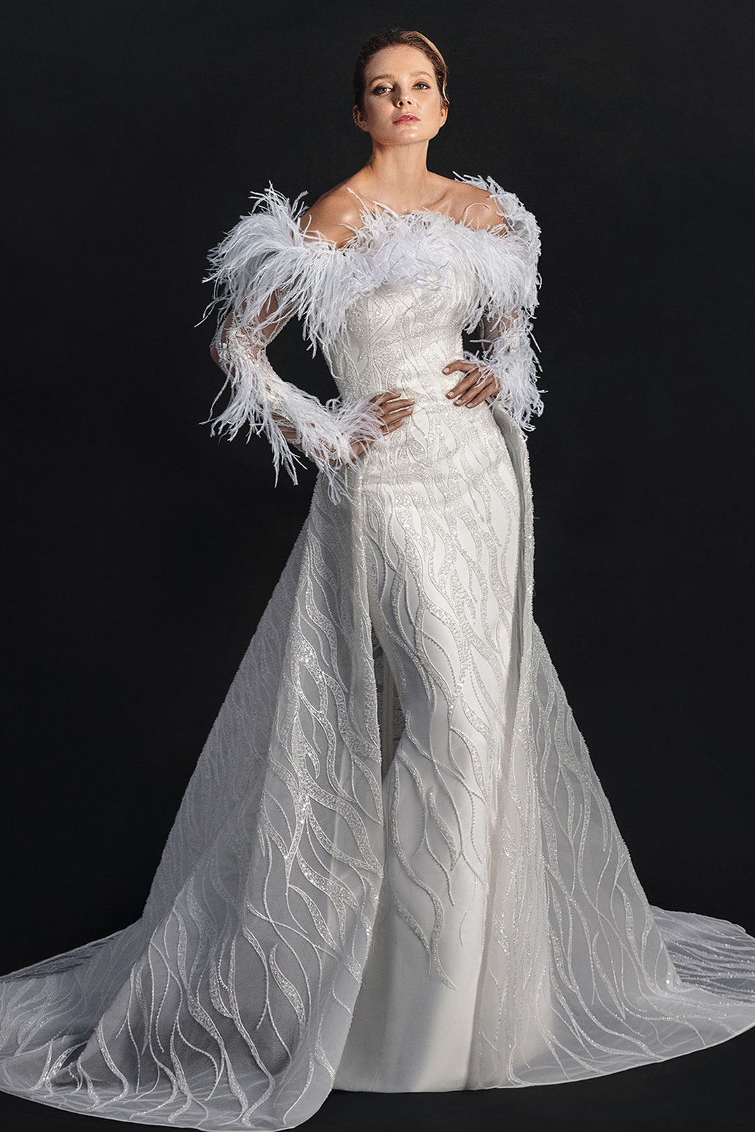 Off-The-Shoulder Neckline with Tulle and Bridal Long Dress