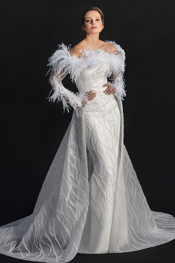 Off-The-Shoulder Neckline with Tulle and Bridal Long Dress