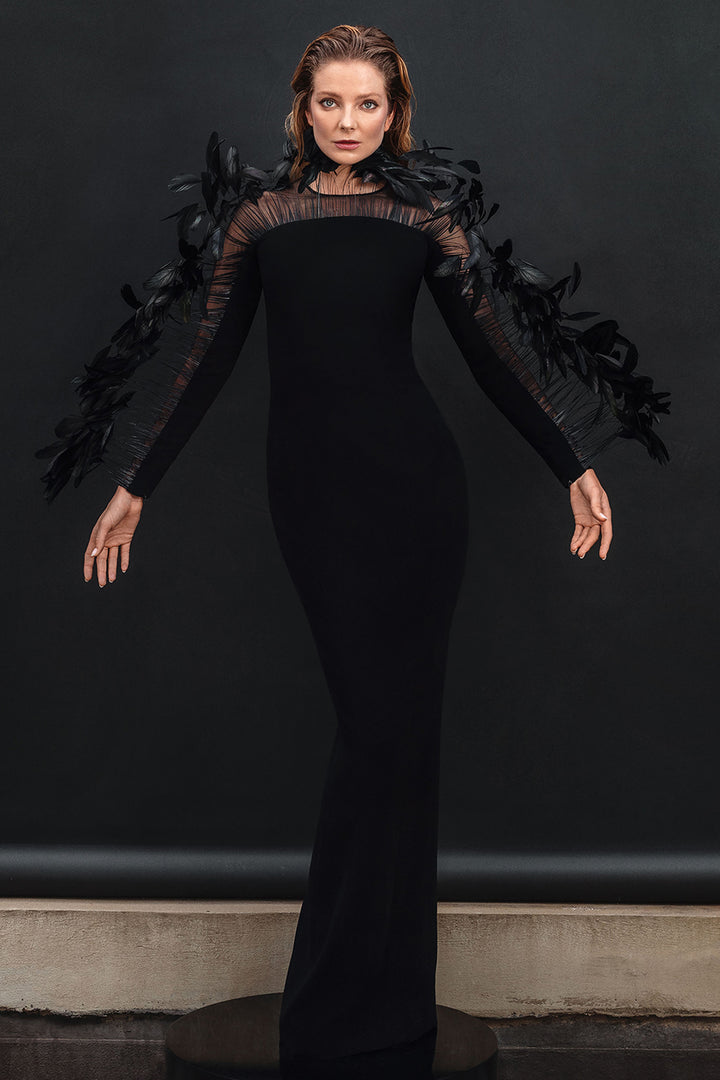 Long Sleeved Silk with Crepe Fitted Dress
