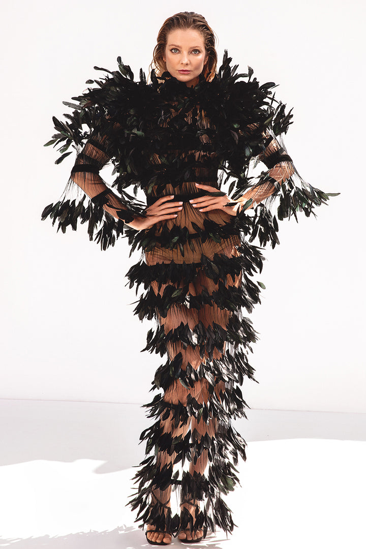 Sheer Tulle Dress with Ruffled Feathers