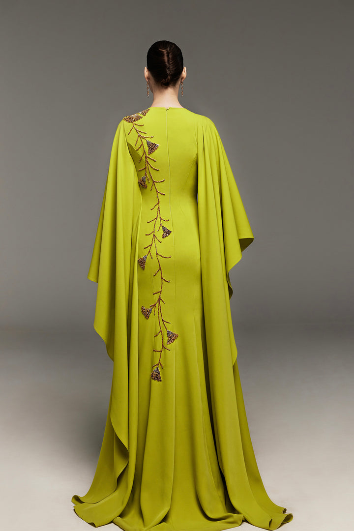 Beaded Crepe Dress with Asymmetrical Sleeves