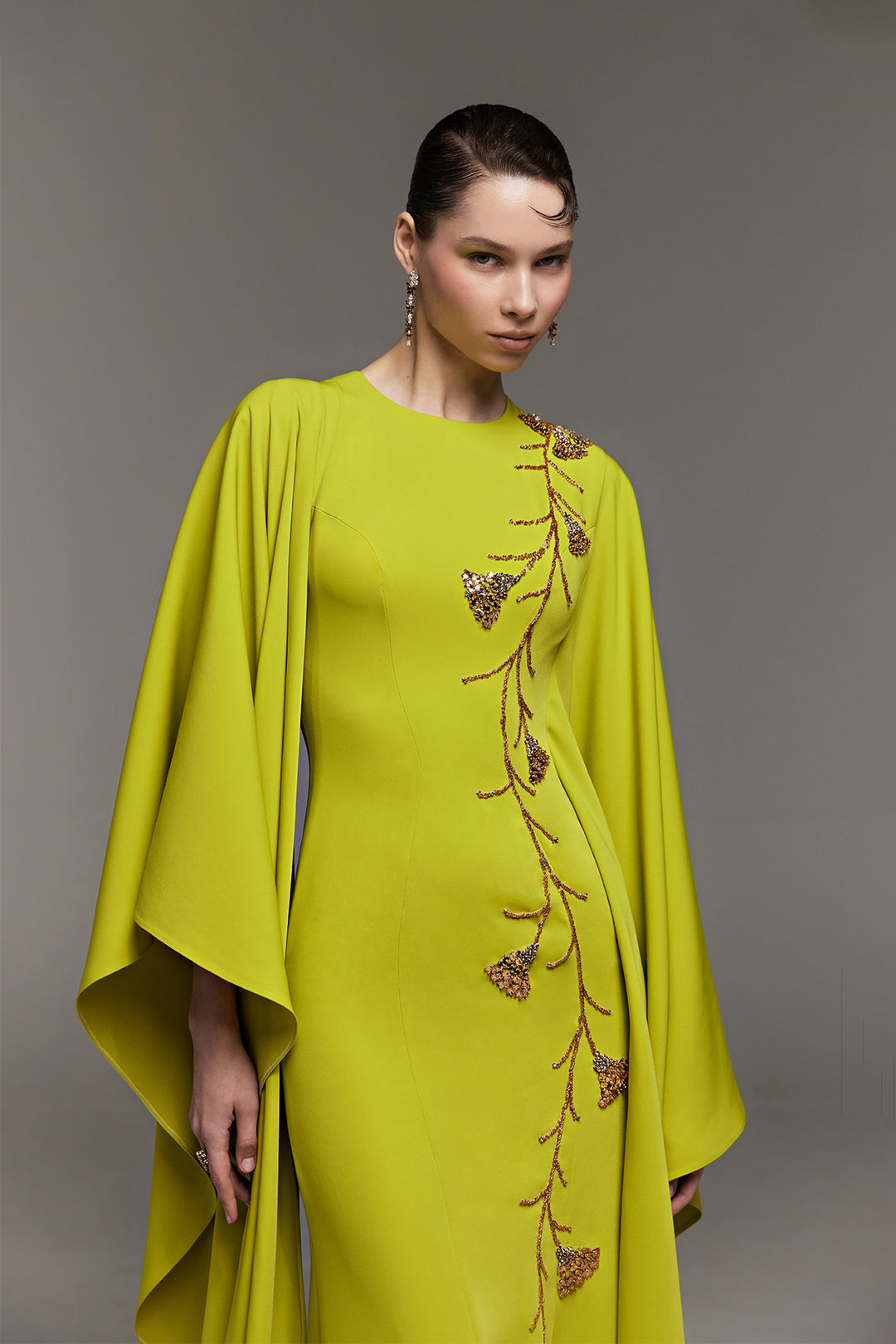 Beaded Crepe Dress with Asymmetrical Sleeves