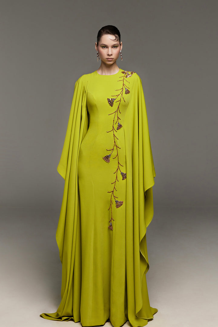 Beaded Crepe Dress with Asymmetrical Sleeves