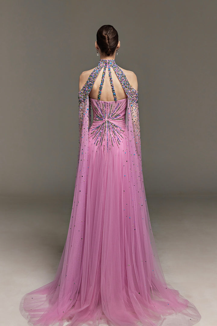 Beaded Corset Dress with Attached Cape