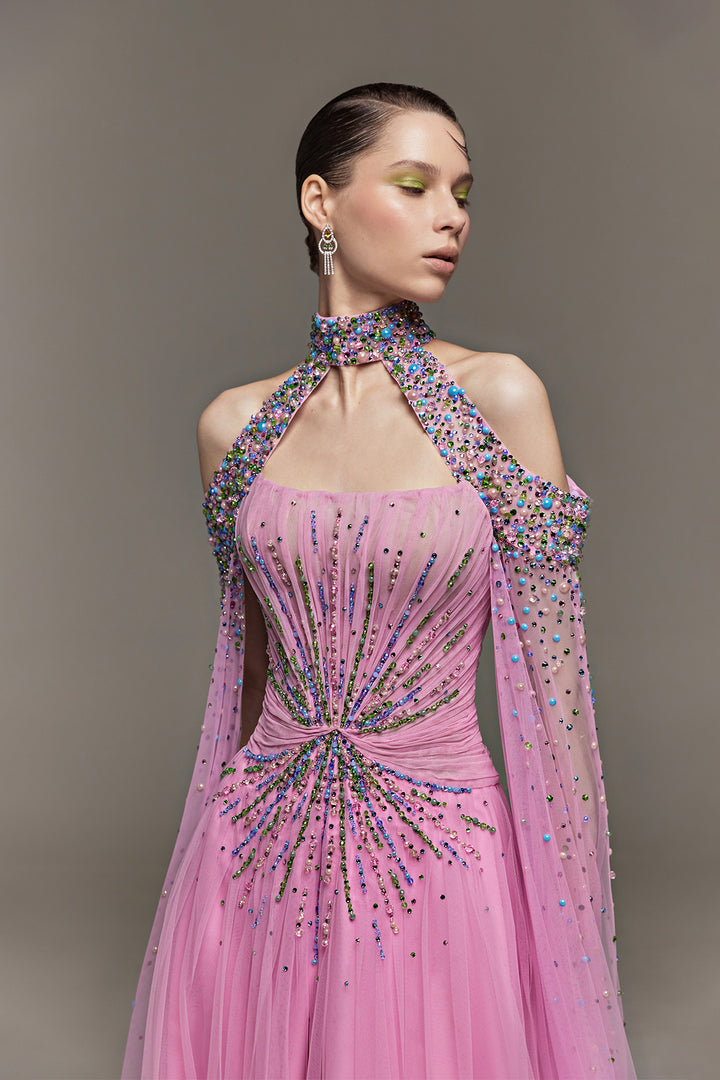 Beaded Corset Dress with Attached Cape