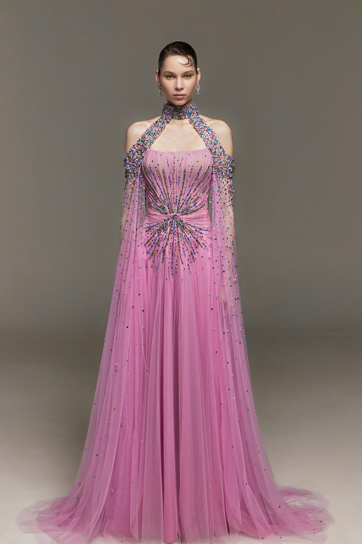 Beaded Corset Dress with Attached Cape