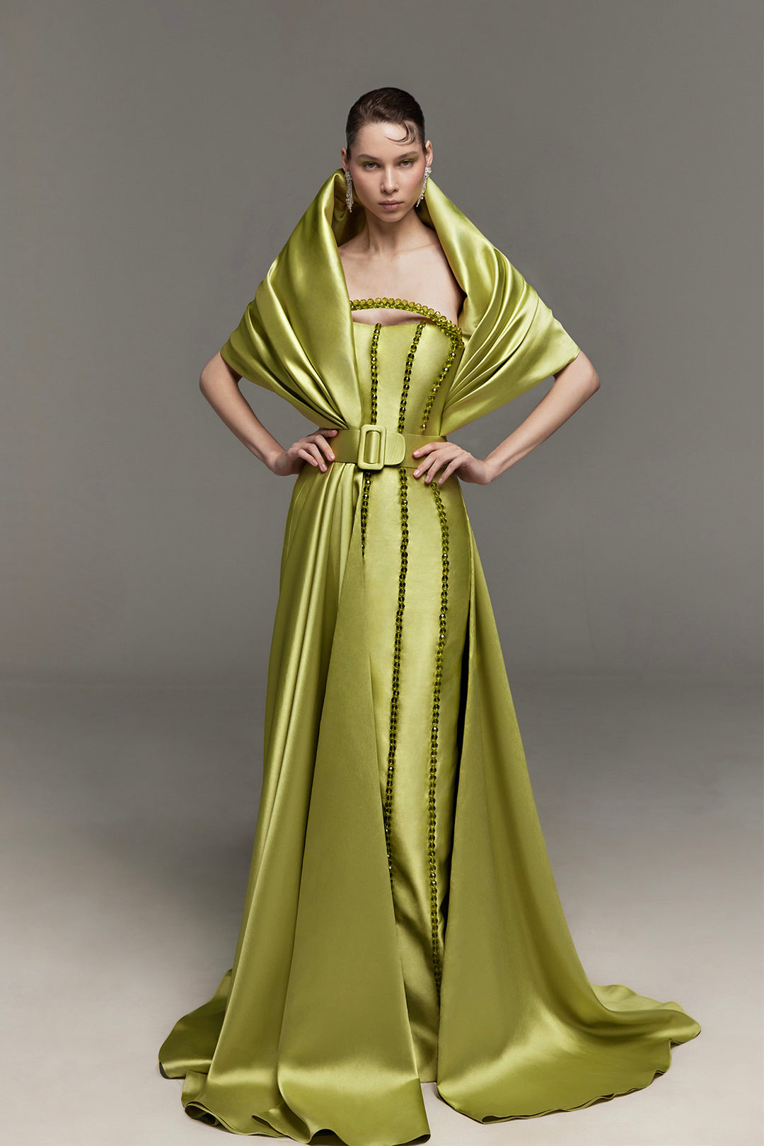 Mikado Dress with Beaded Arc and Capes Green / FR 52 Mikado Dress with Beaded Arc and Capes Green / FR 52