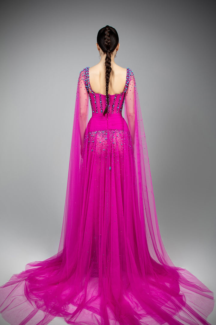 Corset Dress with Draped Detailing and Shoulder Trains