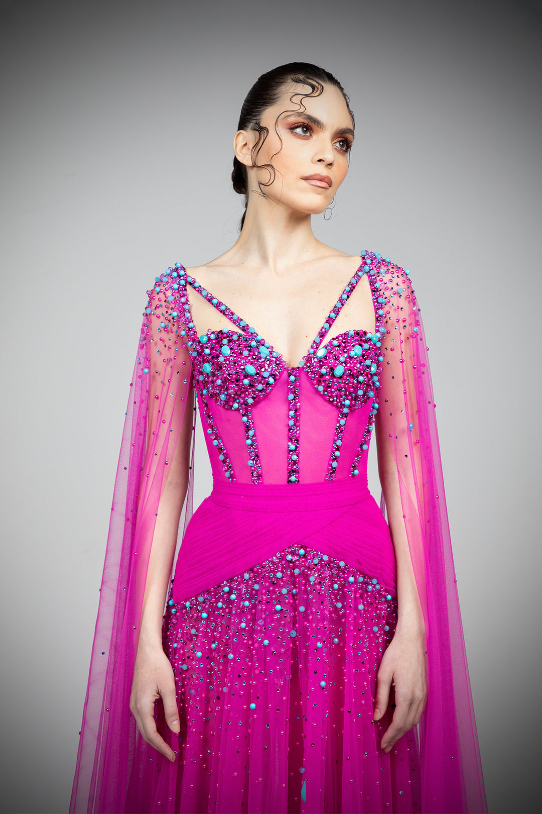 Corset Dress with Draped Detailing and Shoulder Trains