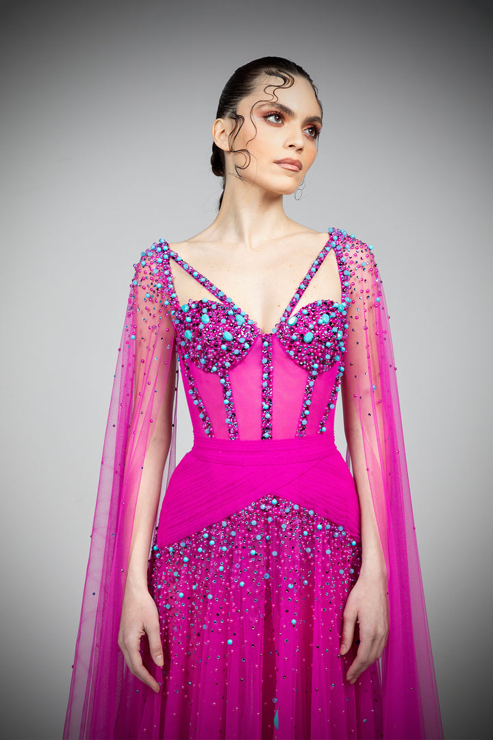 Corset Dress with Draped Detailing and Shoulder Trains