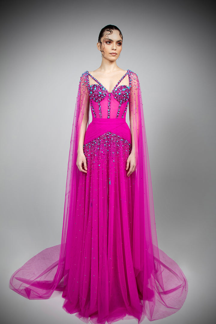 Corset Dress with Draped Detailing and Shoulder Trains