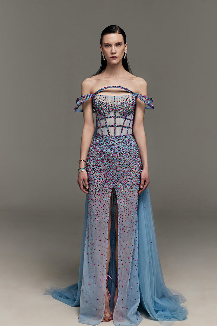 Hand-Beaded Dress with Corset and Arc Details