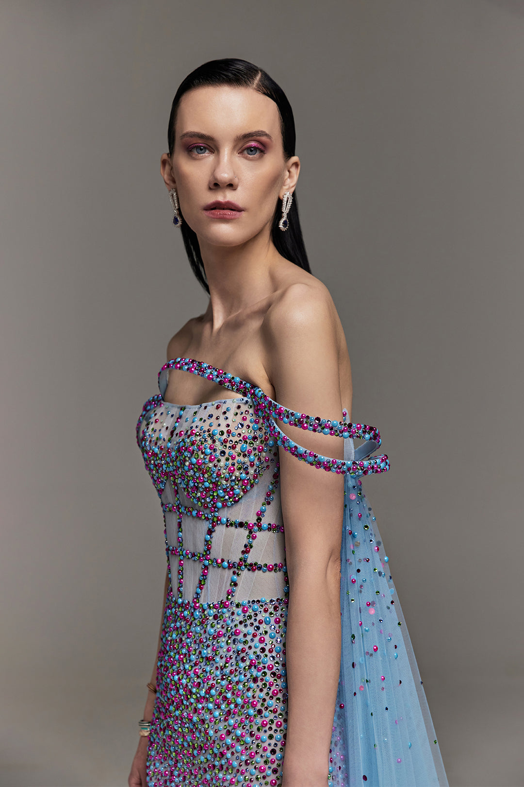 Hand-Beaded Dress with Corset and Arc Details