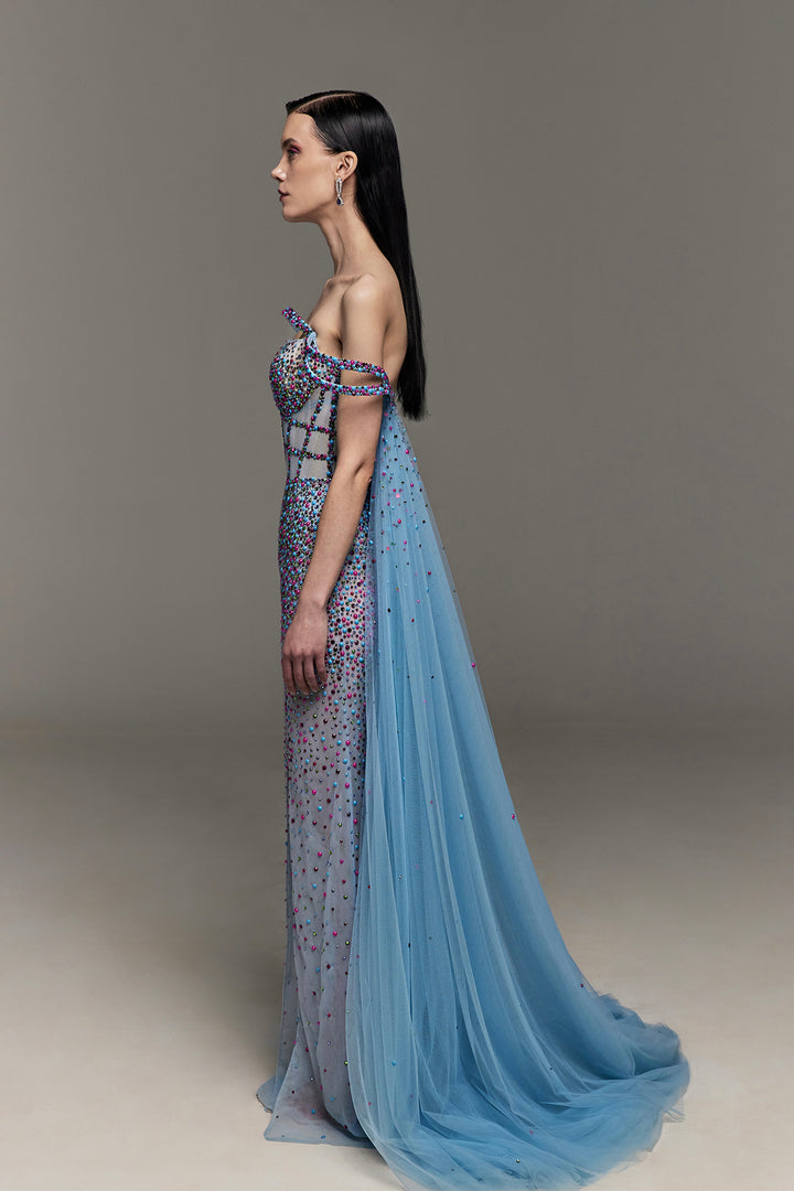 Hand-Beaded Dress with Corset and Arc Details