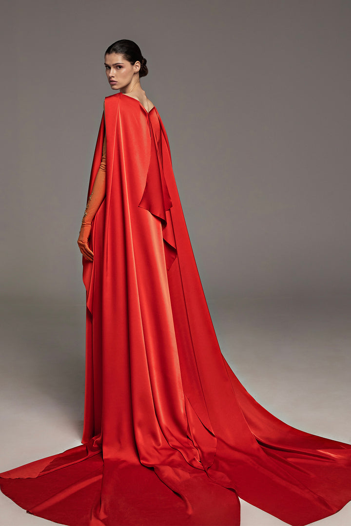 Draped Dress with Cape and Embroidered Gloves
