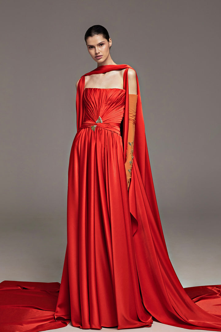 Draped Dress with Cape and Embroidered Gloves