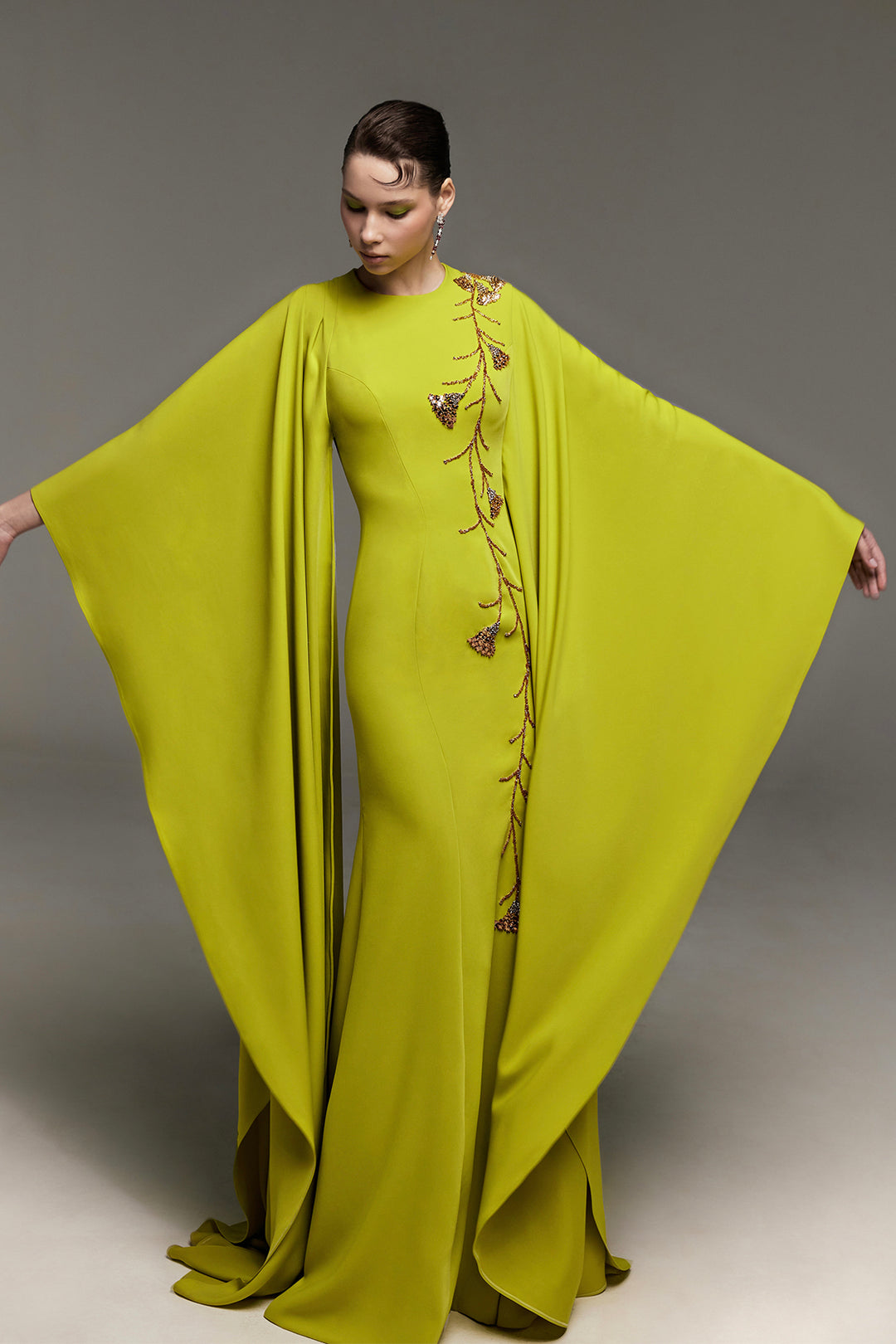 Beaded Crepe Dress with Asymmetrical Sleeves