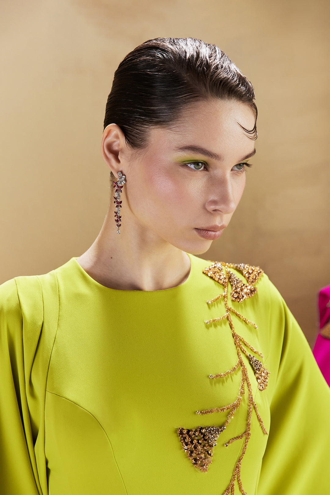 Beaded Crepe Dress with Asymmetrical Sleeves