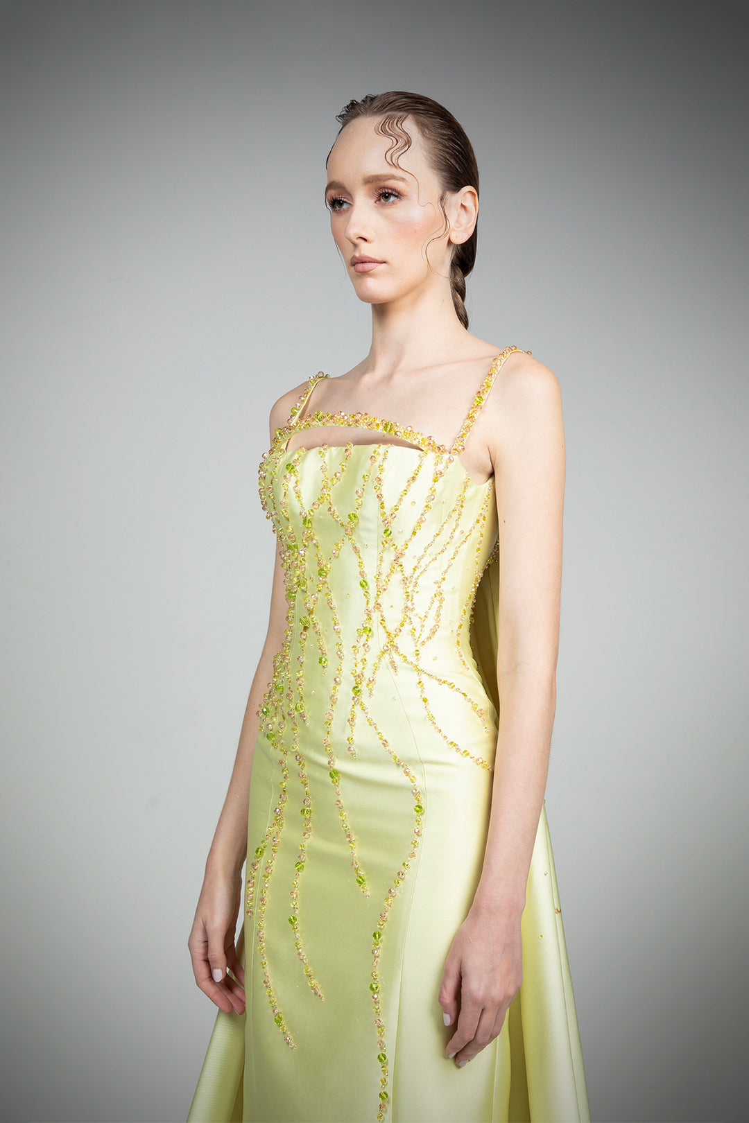 Beaded Corset Dress with Back Train and Arc Yellow / FR 46