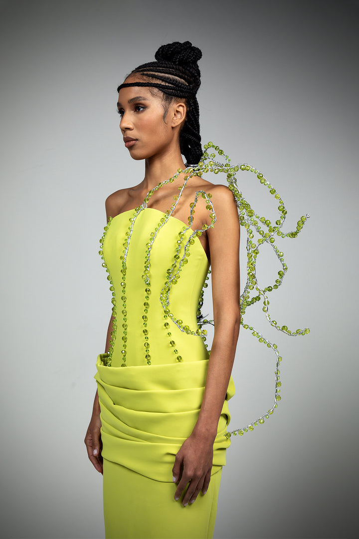 Crepe Dress with Fish Tail and Beaded Necklace