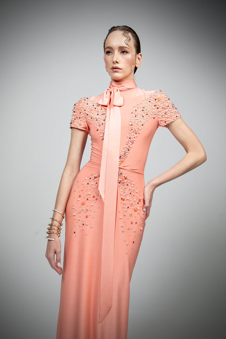 Jersey Dress with Fish Tail and Beaded Butterfly