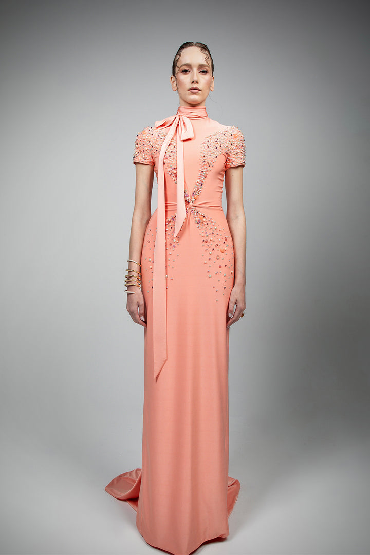 Jersey Dress with Fish Tail and Beaded Butterfly