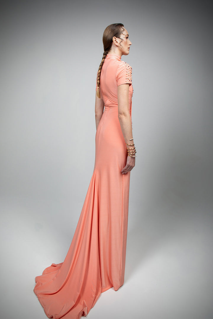 Jersey Dress with Fish Tail and Beaded Butterfly