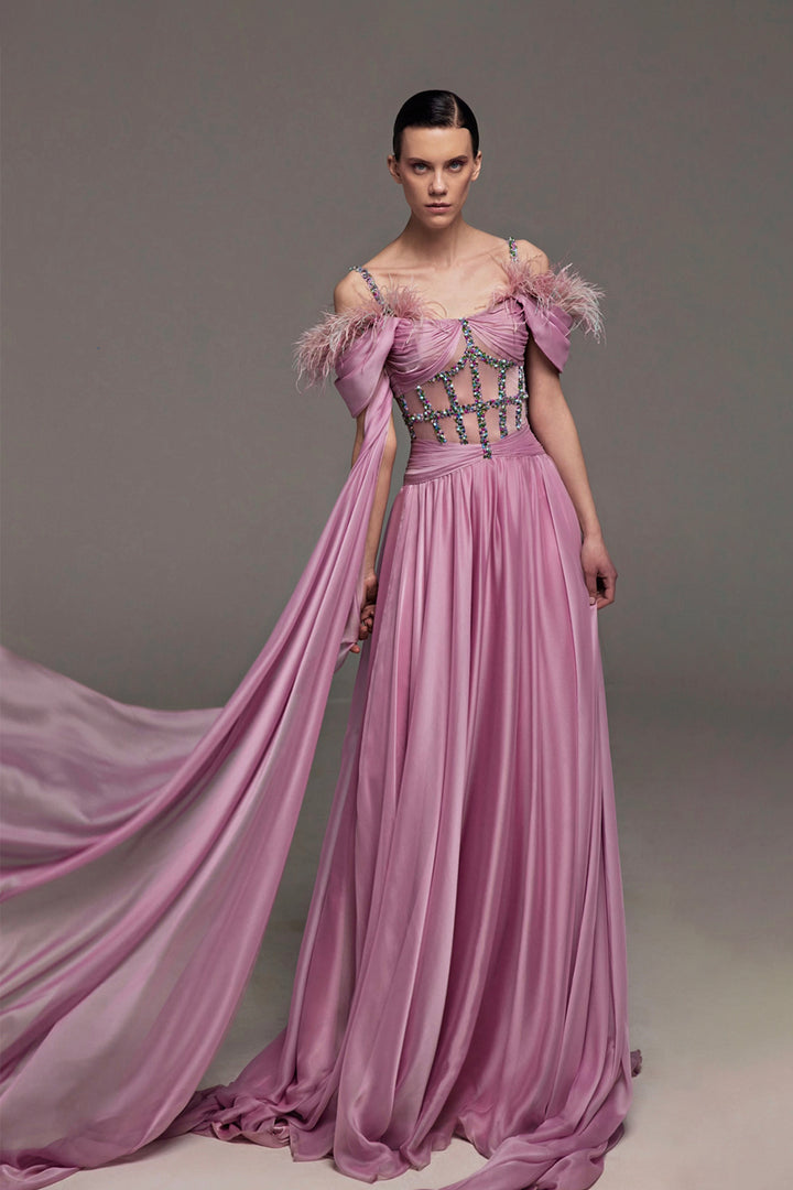 Corset Dress with Beaded Details and Feathers